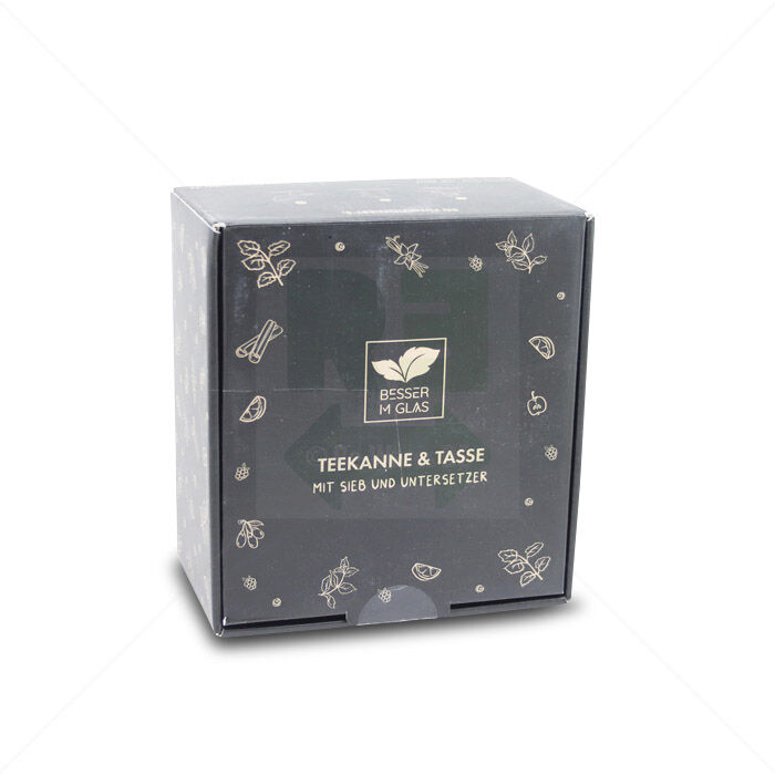 Teekanne mit Tasse Besser im Glas weiß