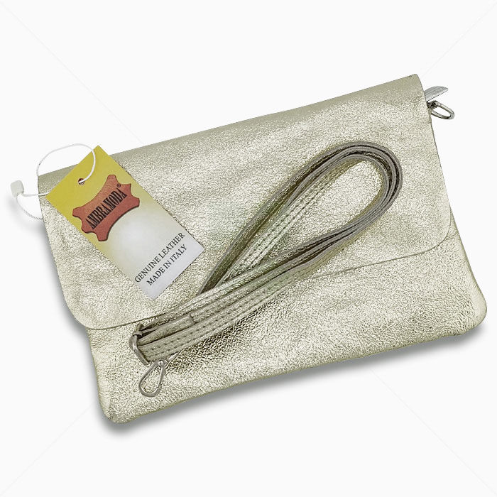 Clutch Umhängetasche AmbraModa echtes Leder 24x16x2 cm Gold Metallic
