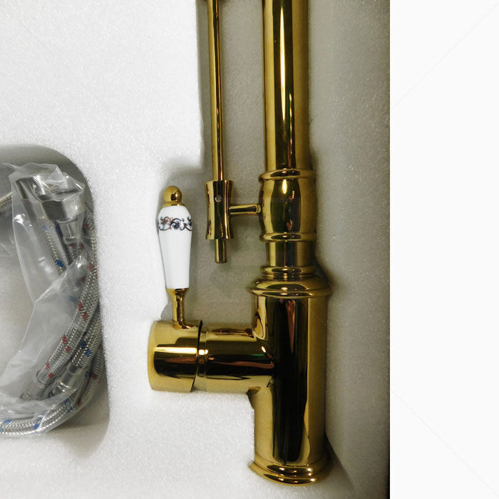 Flexible Küchenarmatur aus Messing mit Porzellansteuerung Dualmodus Goldfarben