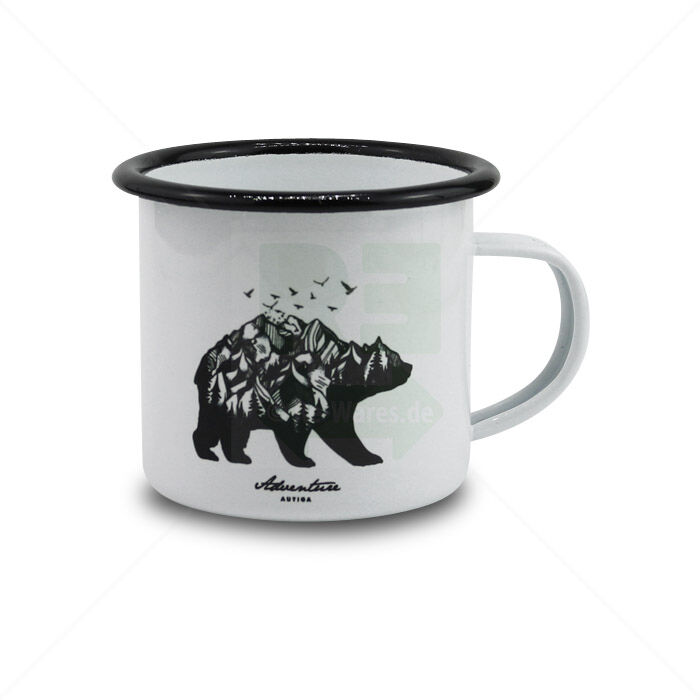 Tasse Autiga Bär Berge Wald Adventure Emaille weiß-schwarz Tasse Autiga Bär Berge Wald Adventure Emaille weiß-schwarz