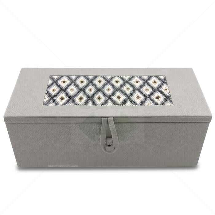 Dekorative Aufbewahrungsbox mit Deckel und Laschenverschluss, grau