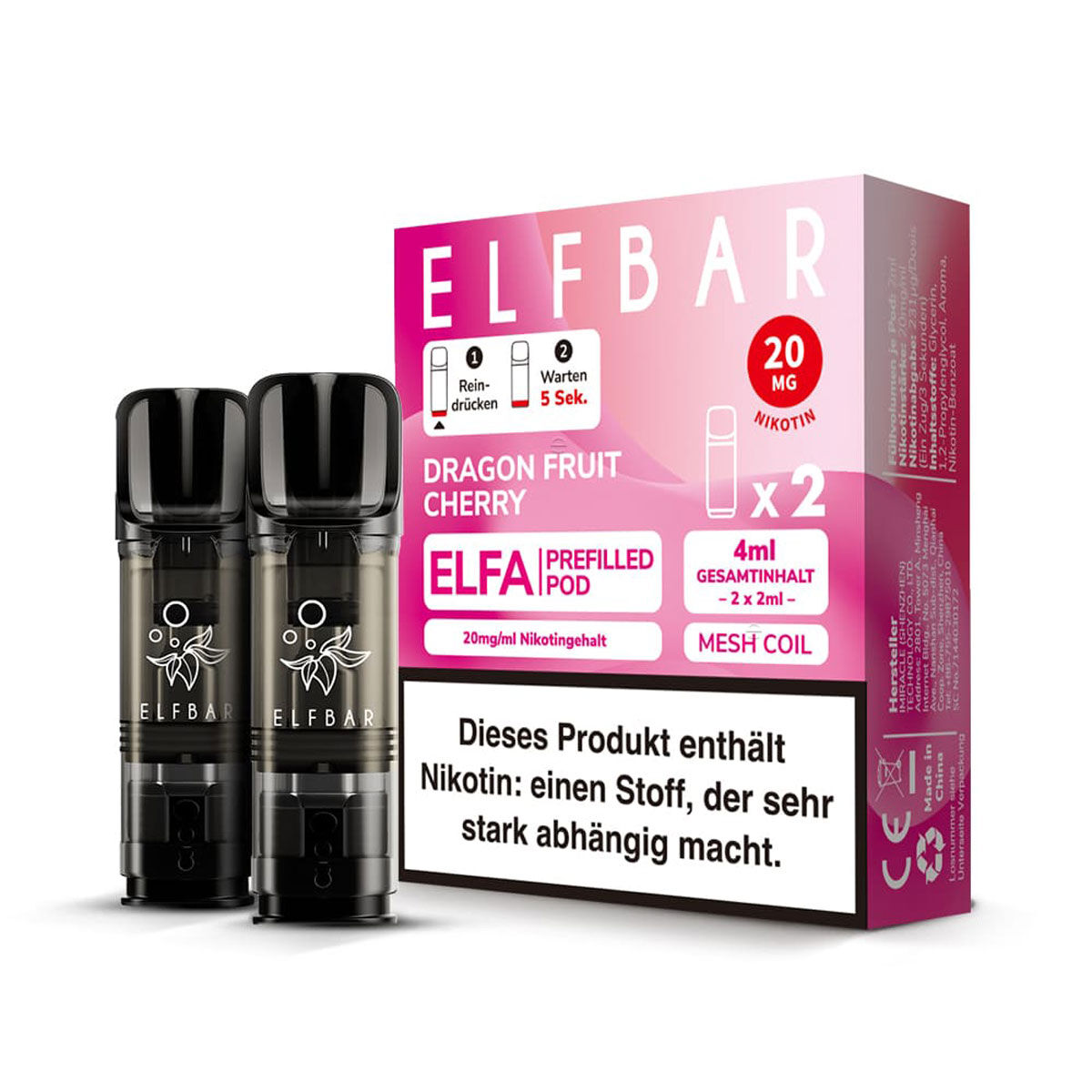Pod mit Liquid für ELFBAR Elfa 2x2ml Dragon Fruit Cherry 20mg/ml