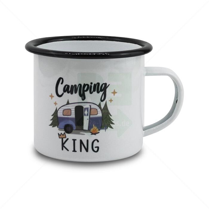 Tasse MoonWorks Camping King Emaille weiß-schwarz