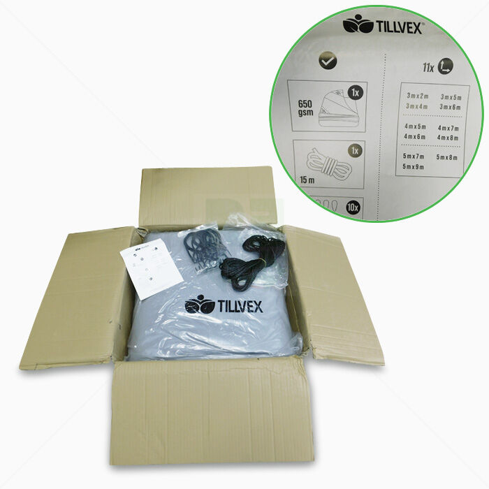 Abdeckplane Grau 5x9 m mit Ösen 10 Haken 15m Seil Gewebeplane 650g/m² Wasserdicht & Reißfest | tillvex® PVC