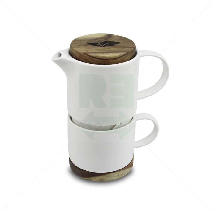 Teekanne mit Tasse Besser im Glas weiß