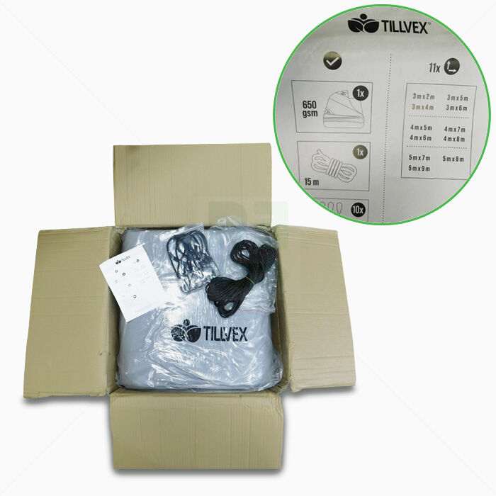 Abdeckplane Grau 5x9 m mit Ösen 10 Haken 15m Seil Gewebeplane 650g/m² Wasserdicht & Reißfest | tillvex® PVC