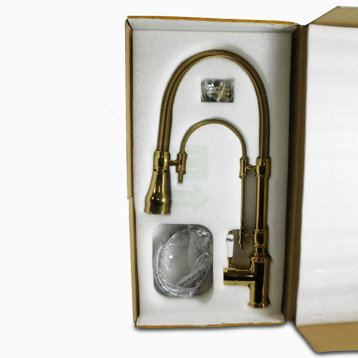 Flexible Küchenarmatur aus Messing mit Porzellansteuerung Dualmodus Goldfarben
