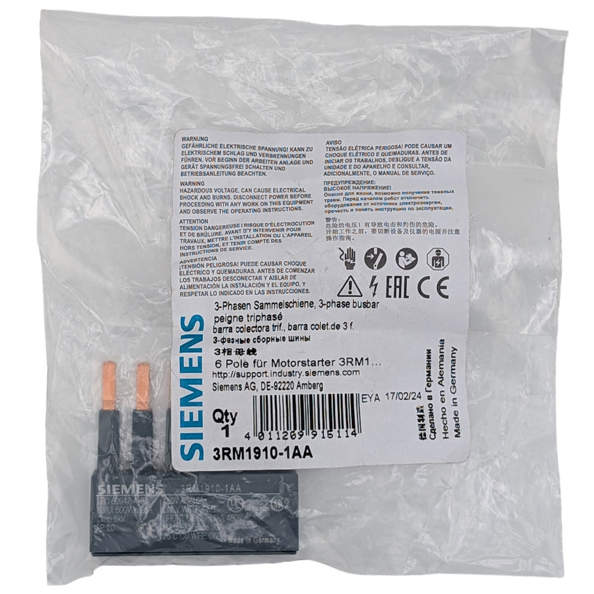 3-Phasen-Sammelschienen Siemens 3RM1910-1AA für SIRIUS 3RM1 – 4 Stück