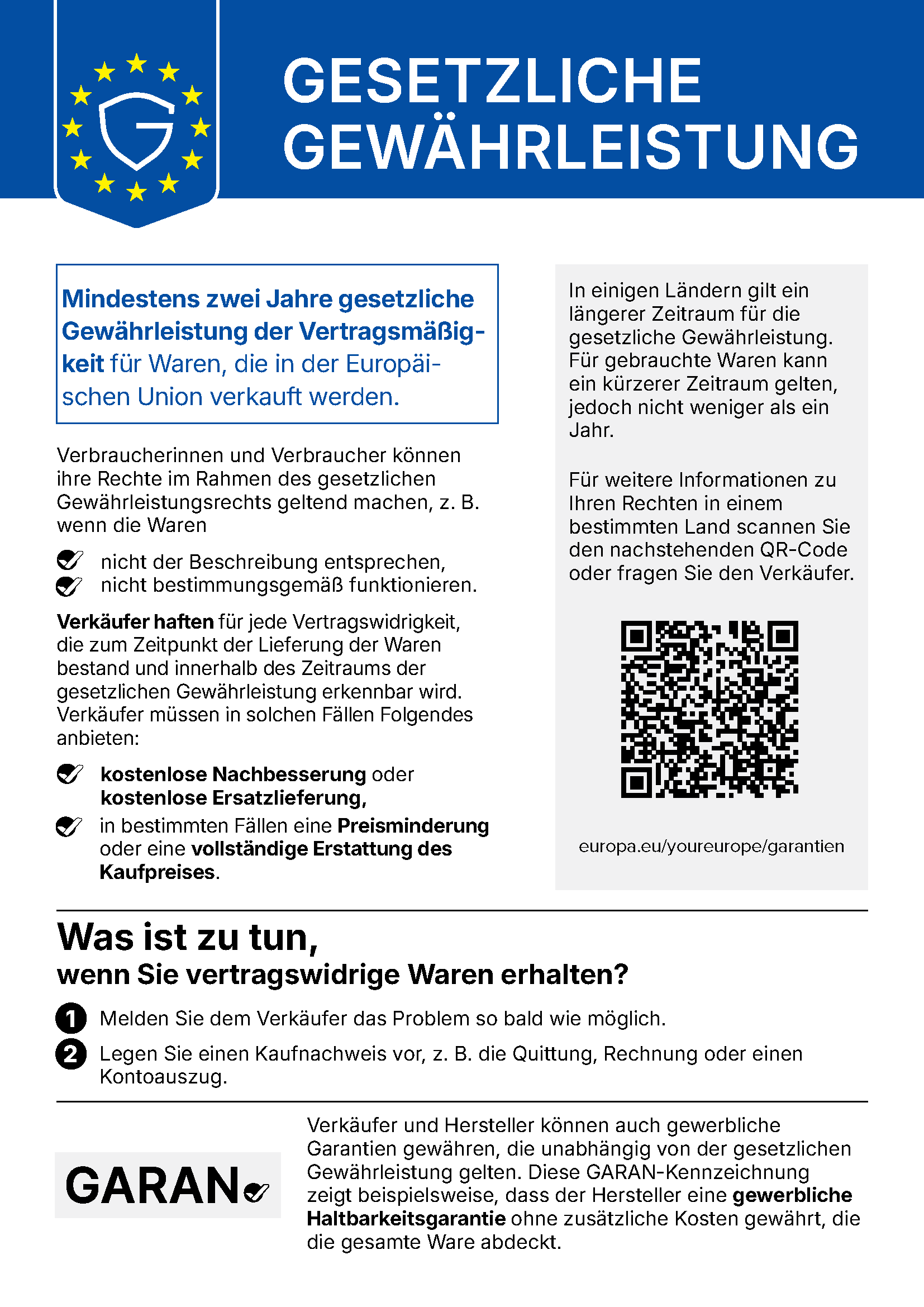EU-Gewährleistungslabel – gesetzliches Gewährleistungsrecht für Waren